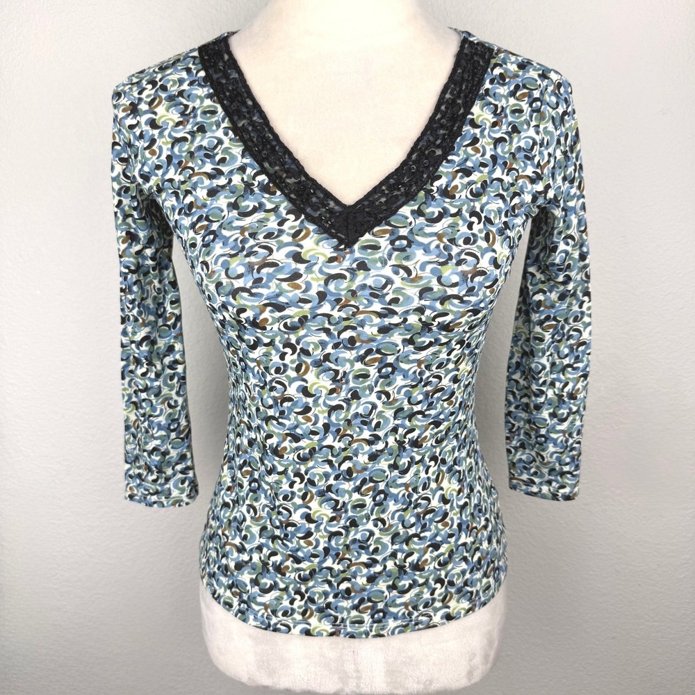 VTG Y2K Style & Co Sequin Blue Green Abstract Swirl V-Neck Lace 3/4 Sleeve Top
